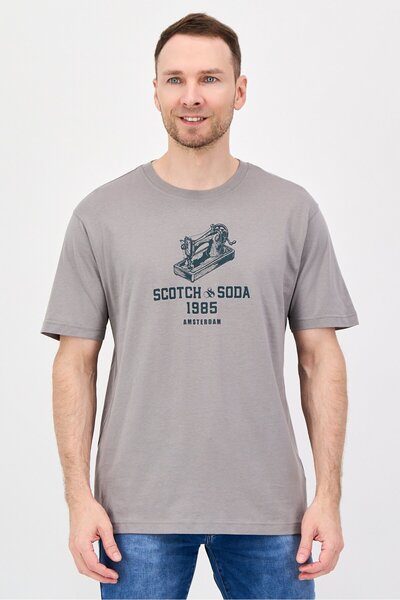 Scotch & Soda Men Crew Neck Short Sleeve Graphic Print T-Shirt, Grey