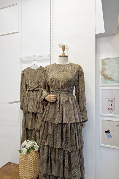 Faya Boutique Yeşil Şal Desenli Kat Kat Elbise