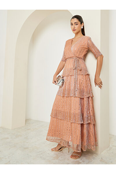 Styli Golden Sequin V-Neck Tiered Maxi Dress