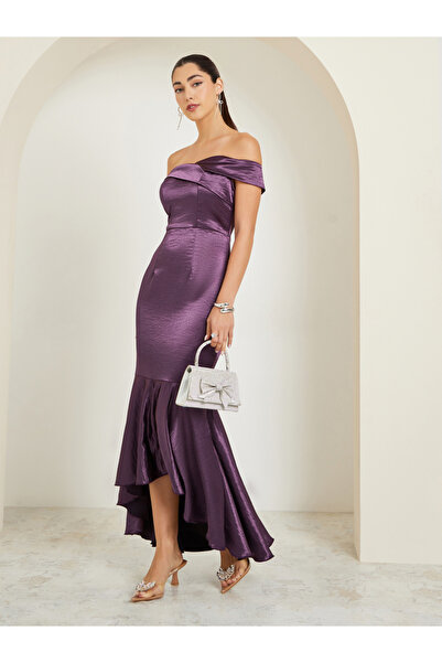 Styli Purple Off Shoulder asymmetric Hem Satin Maxi Dress
