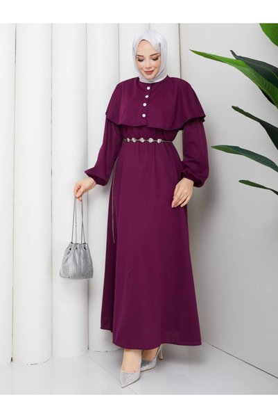 RE & MA FASHIONWEAR Crepe Dress with Crystal Belt and Stone Button Detail, Bolero Cape