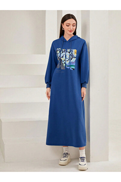 Take Two By Styli Women Blue Graphic Print Hooded Maxi Dress