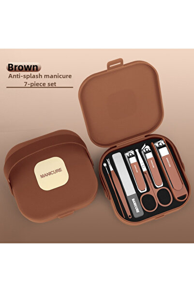 choice2 طقم مانيكير بني كامل مكون من 7 قطع: مقص أظافر مع مقص، أداة دفع الجلد ...