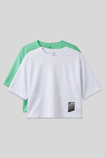 TOMMY LIFE Oversize Fit O-Neck 2-Pack White-Aqua Green Women's T-Shirt - 97284