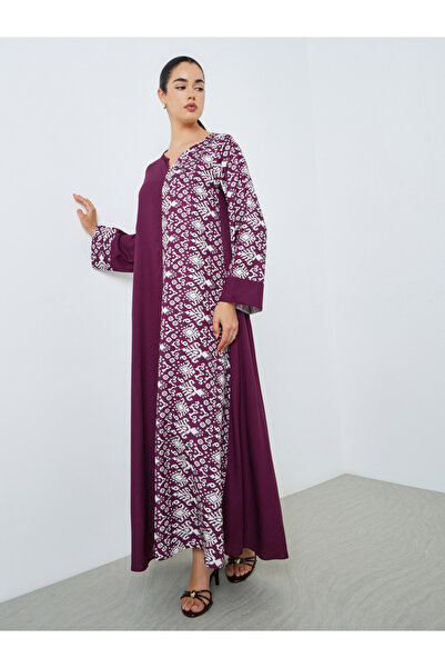 Amirah By Styli Women Burgundy Printed A-Line Jalabiya