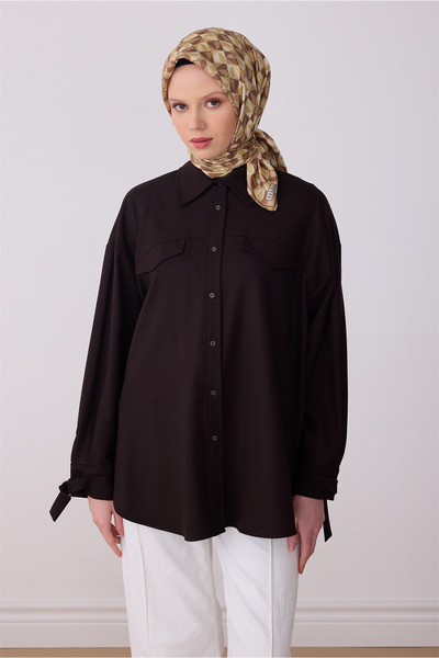 Belli Eșarfă maro multicoloră cu model de obiecte 100% twill mătase 4322-81