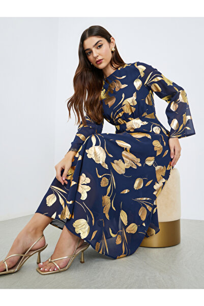 Styli Women Navy Blue Foil Print A-Line Maxi Dress