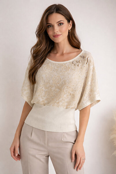 Desen Triko Floral Tulle Detailed Knitwear Blouse
