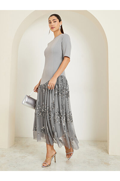 Styli Grey Sequin Short Sleeve A-Line Maxi Dress