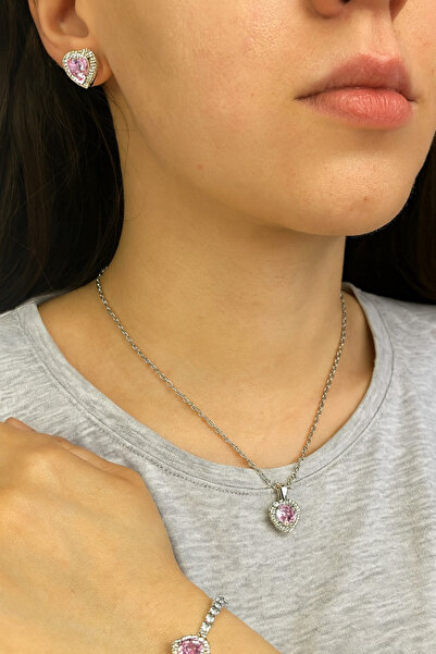 TAŞDELEN AVM Pink Stone Necklace Earrings Bracelet 3 Piece Jewelry Set Valent...