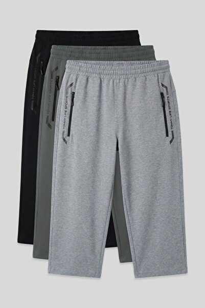 TOMMY LIFE Standard Fit 3-Pack Black-Grey Melange-Cağla Men's Capri - 83091