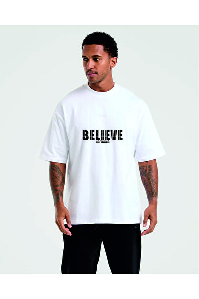 HOFFNUNG Unisex Short Sleeve Round Neck Believe Printed Solid Color t Shirt