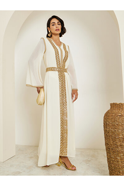 Amirah By Styli Women Chiffon Jalabiya with Lace Trims