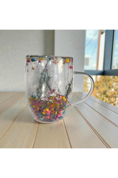 OEM Double-walled borosilicate glass mug with decorative dried flowers