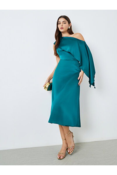 Styli Women Blue One Shoulder Asymmetrical Sleeves Midi Dress