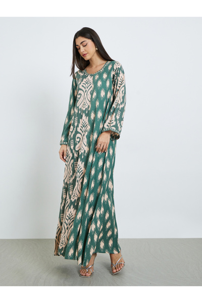 Amirah By Styli Women Green Printed A-Line Jalabiya