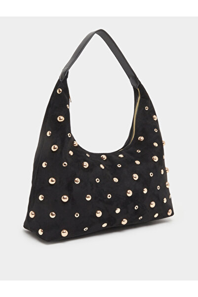 Styli Women Black Suede Studded Shoulder Bag