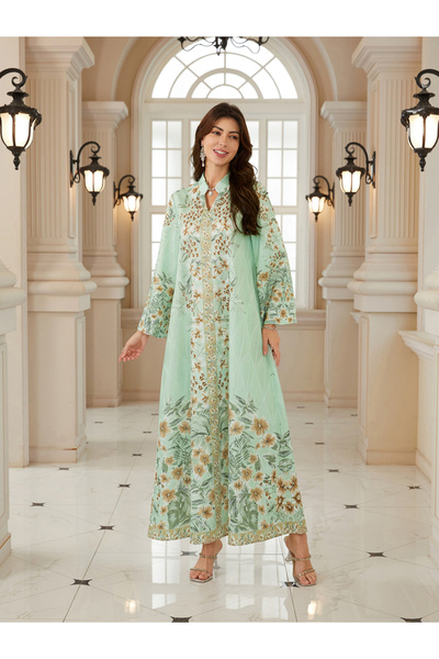 Take Two By Styli Women Textured Floral Printed Collared Jalabiya