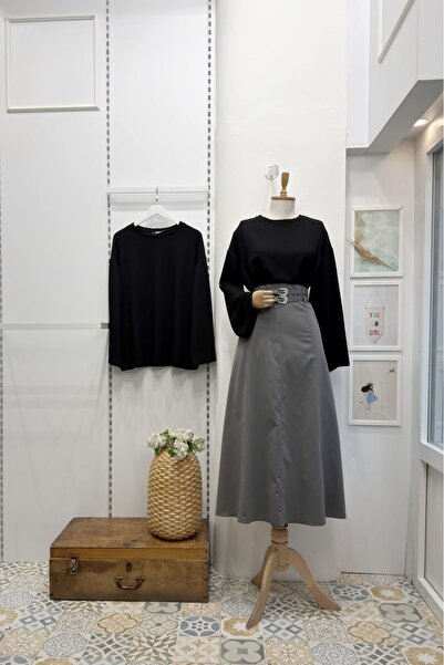 Faya Boutique Gri Çift Kemerli Rubel Etek