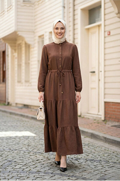 Hb Harma Time Butik Women's Buttoned Lace-Up Brown Hijab Linen Dress