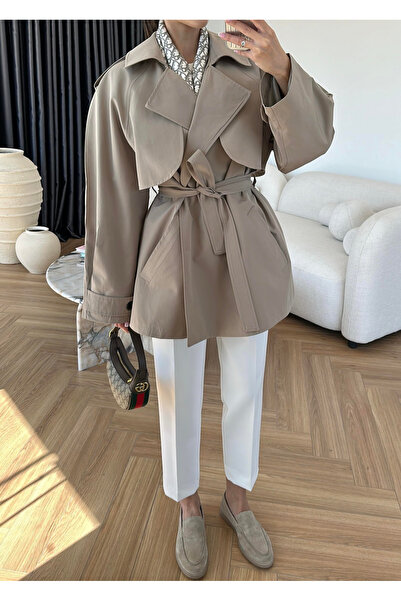 My Blog Beige Epaulet Short Trench Coat - 7556