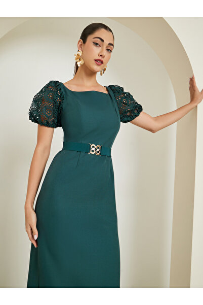Styli Green Lace Puff Sleeve Belted Sheath Maxi Dress