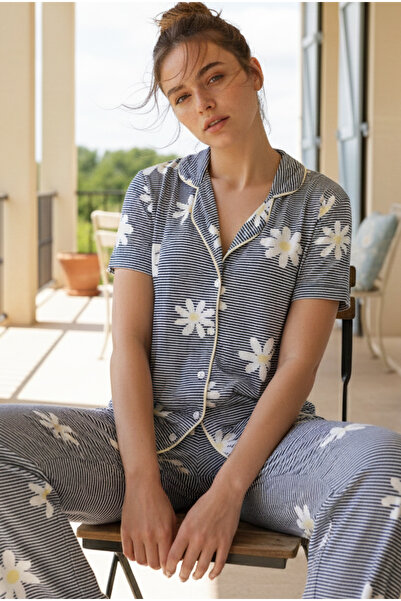 Siyah İnci Navy Blue Line Floral Patterned Buttoned Ribbed Viscose Knitted Pa...