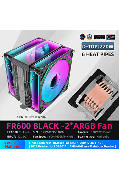 Choice1 مبرد معالج Metalfish FR600-A-Black-2FAN بتقنية A-RGB، مزود بـ 4 أنابي...