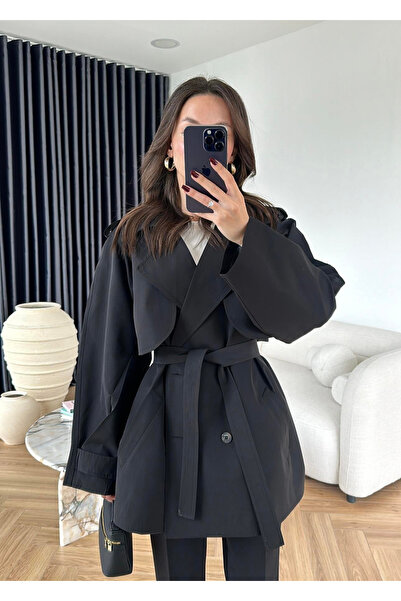 My Blog Black Epaulet Short Trench Coat - 7556