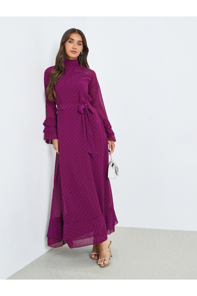 Styli Magenta Studded Ruffle Sleeves Maxi Dress