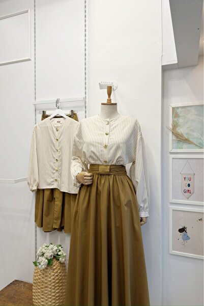 Faya Boutique Yağ Yeşili Çizgi Gömlekli Volume Takım