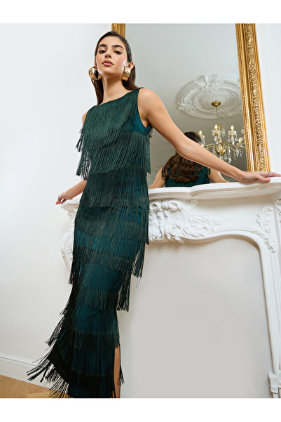 Styli Women Green Sleeveless Fringed Maxi Dress