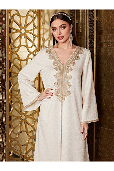 Take Two By Styli Beige V Neck Embroidered Panel Jalabiya