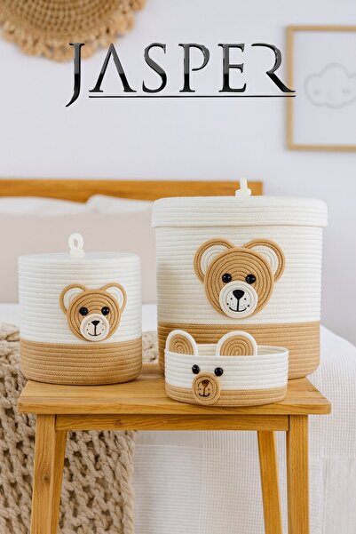 JASPER Jute Rope Beige Bear Figured Children's Room Set Concept Basket Organi...