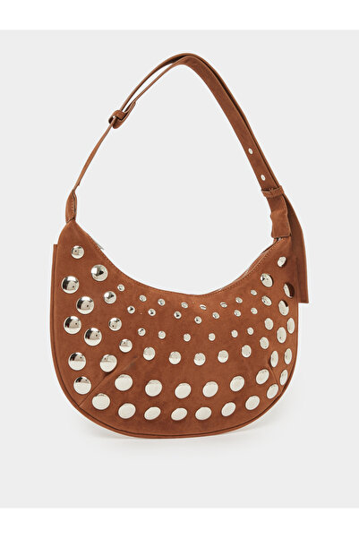 Styli Khaki Suede Stud Shoulder Bag