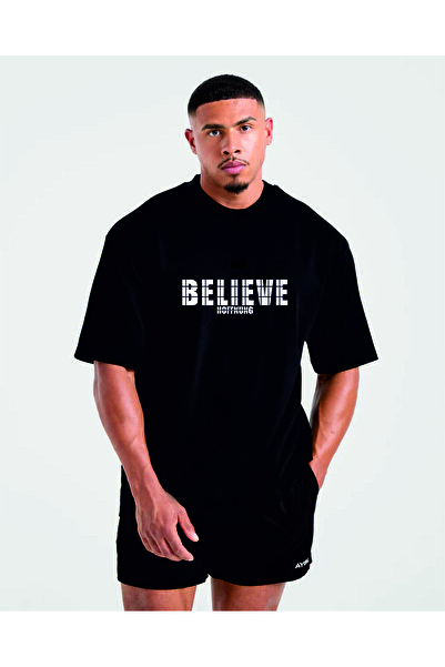 HOFFNUNG Unisex Short Sleeve Round Neck Believe Printed Solid Color t Shirt