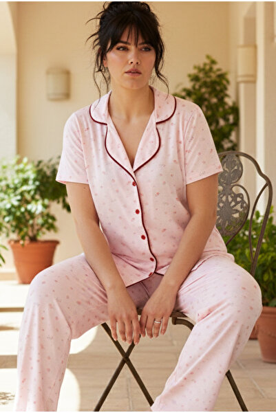 Siyah İnci Pink Floral Patterned Large Size Oversize Buttoned Ribbed Viscose ...