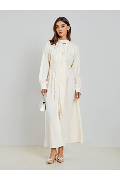 Styli Beige Fold Pleat Maxi Dress with Tie Detail