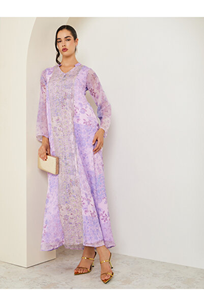 Amirah By Styli Women Lilac Floral Print Embellished Jalabiya