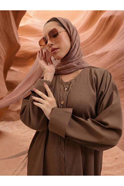 Ishin By Styli Brown Crinkle Cotton Regular Abaya with Hijab