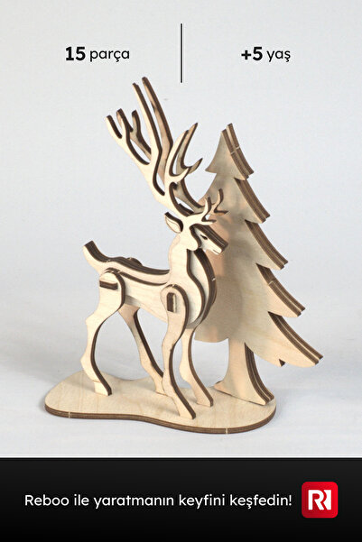 Reboo Ahşap Geyik 3D Puzzle Boyama Seti 15 Parça Boya Seti Hediyeli Eğitici A...