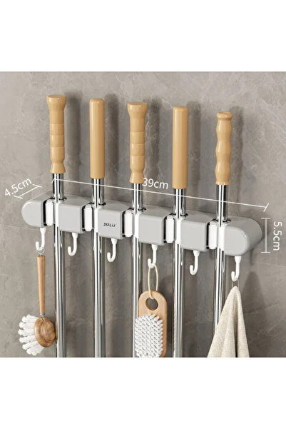 choice2 Gray 6 Hooks Broom Mop Holder with Hooks Wall Mounted Broom Storage R...