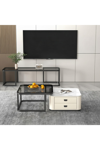 sharpdo Modern Square Nestable Tempered Glass Coffee Table Set with Storage D...