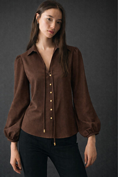 HAKKE Kadın Gloss Düğmeli Bağlamalı Şık GÖMLEK