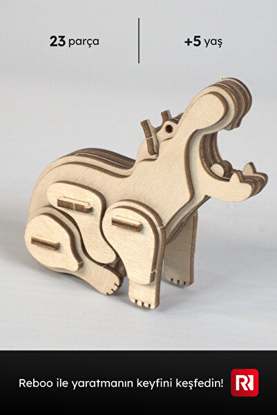 Reboo Ahşap Hipopotam 3D Puzzle Boyama Seti 23 Parça 6’lı Boya ve Fırça Dahil...