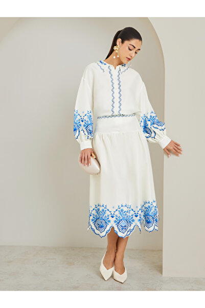 Styli Cream Embroidered Hem Flared Midi Skirt