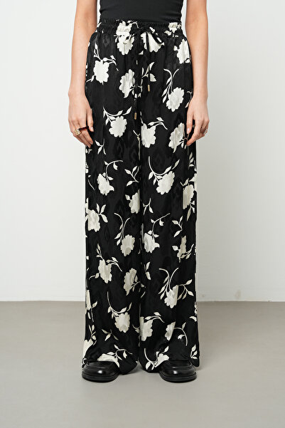 Orfeo Negro Women's Modern Floral Patterned Black - White Elastic Waist Palaz...