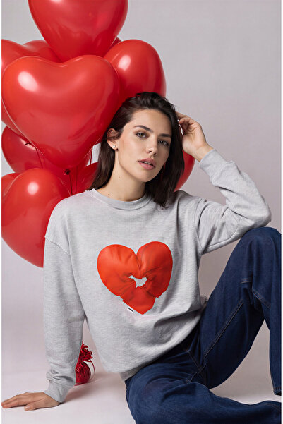Amia&Co. Γκρι oversized Καρδιά με τύπωμα Γυναικείο φούτερ