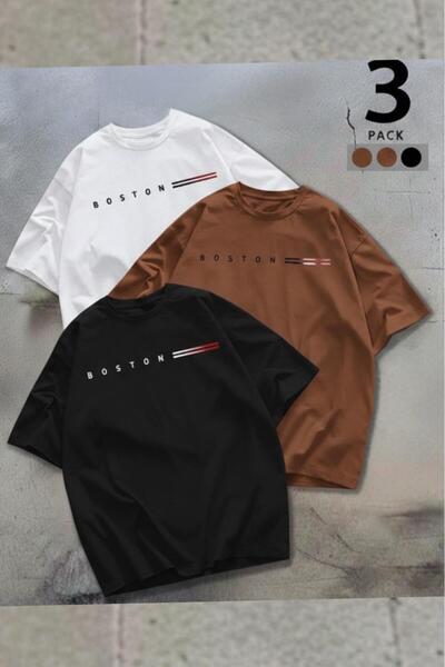 NO 601 Men's Black-White-Cinnamon 3-Piece Boston Printed Oversize Loose Fit T...