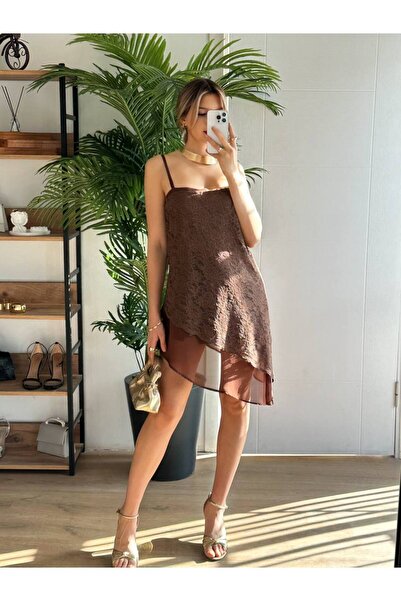 Misscix Kadın Dantel Asimetrik Tül Detaylı Askılı Abiye Mezuniyet Elbisesi